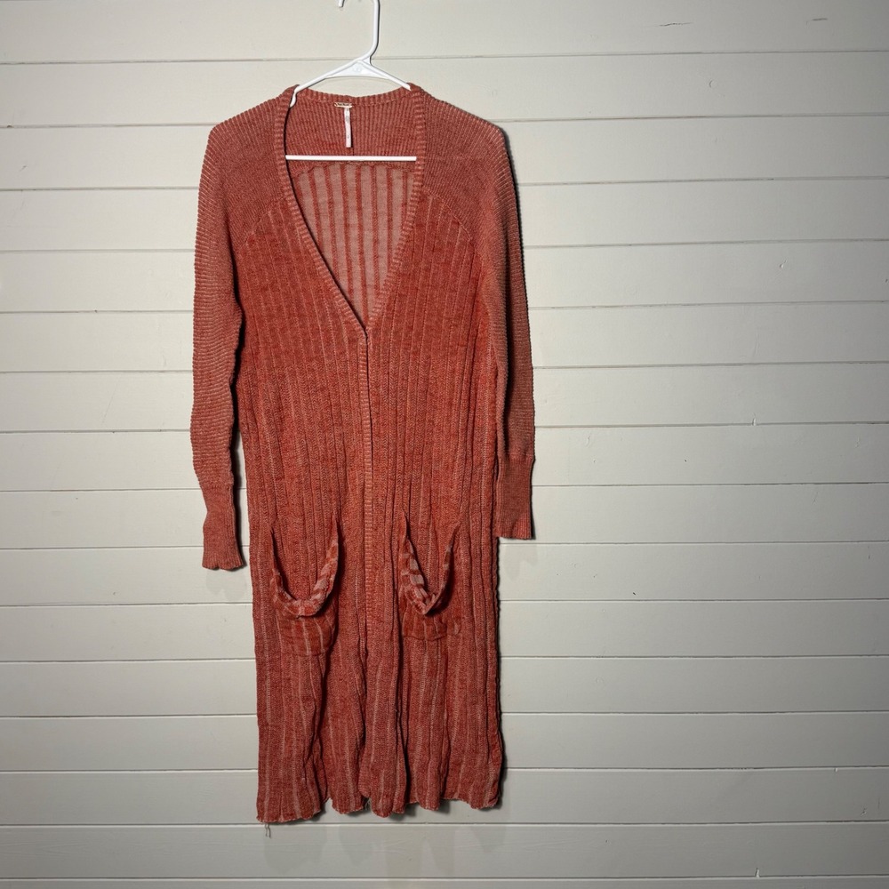Free People Cardigan Orange Ribbed Knit Longline Boho Duster Sweater Small